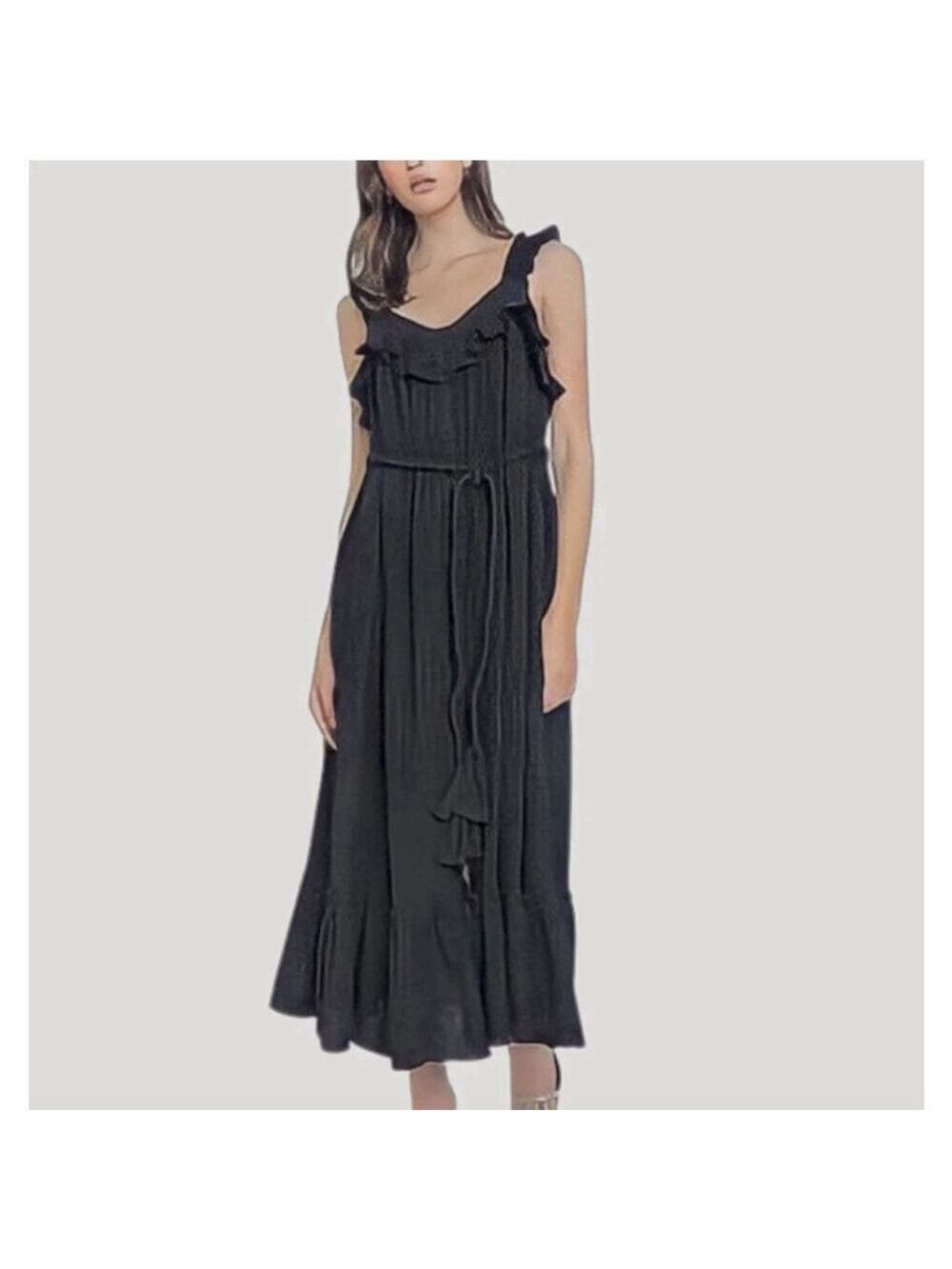 English Factory Ruffled Crepe Maxi Dress XS 100% Cotton Black Cottagecore Party